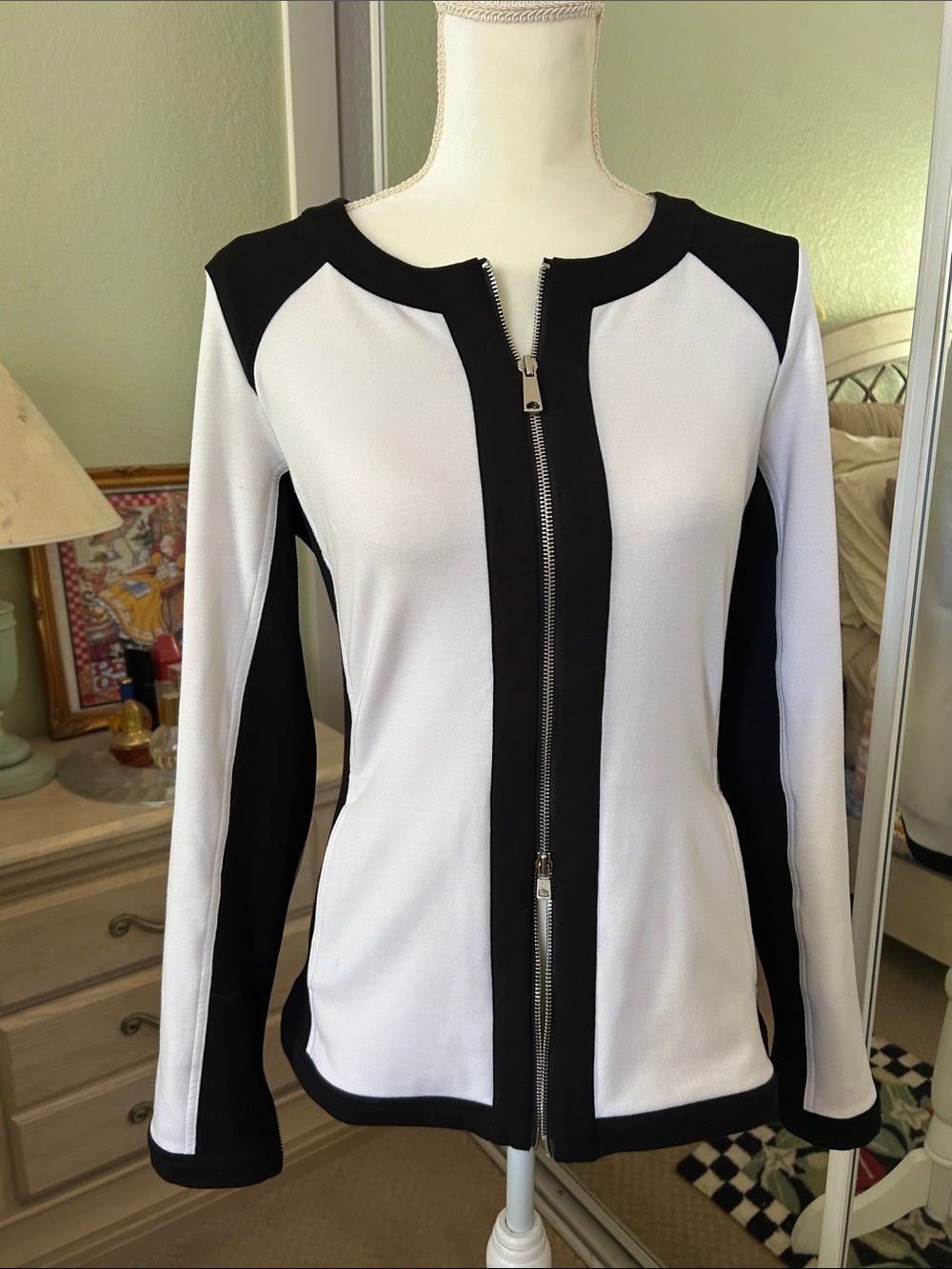 Boston Proper Black and White Zip-Front Colorblock Jacket